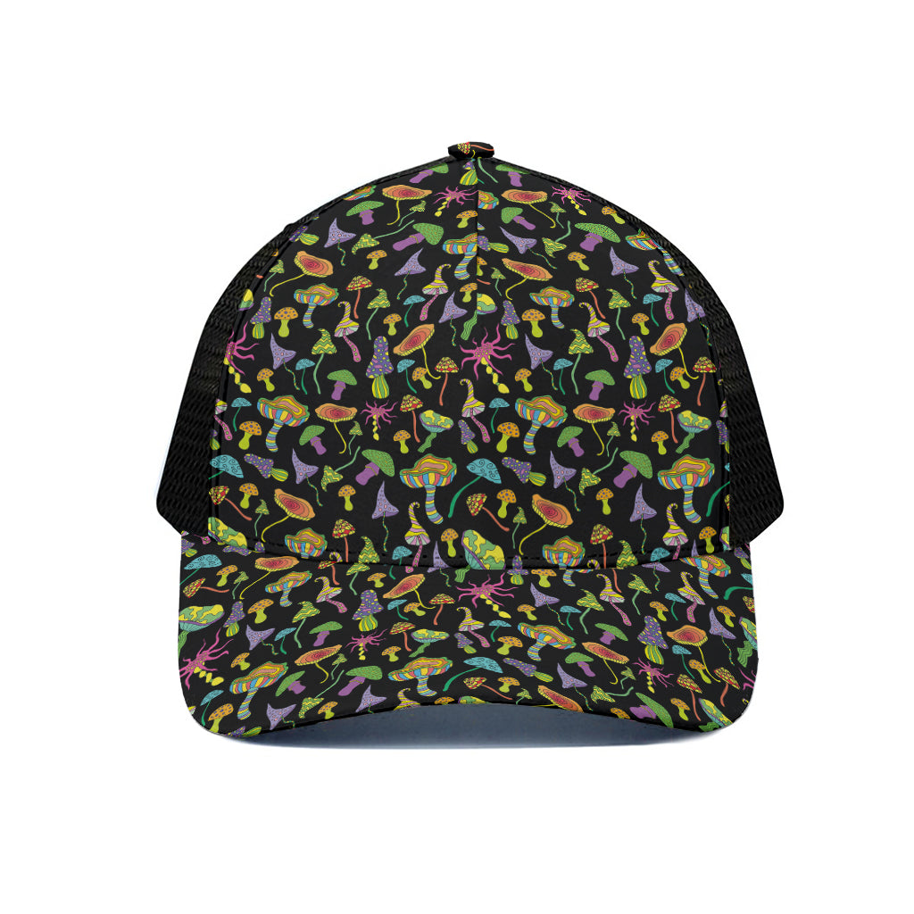 Psychedelic Mushroom Pattern Print Black Mesh Trucker Cap