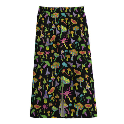 Psychedelic Mushroom Pattern Print Cotton Front Slit Maxi Skirt