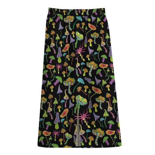 Psychedelic Mushroom Pattern Print Cotton Front Slit Maxi Skirt