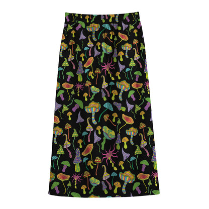 Psychedelic Mushroom Pattern Print Cotton Front Slit Maxi Skirt