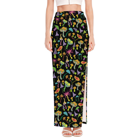 Psychedelic Mushroom Pattern Print High Slit Maxi Skirt