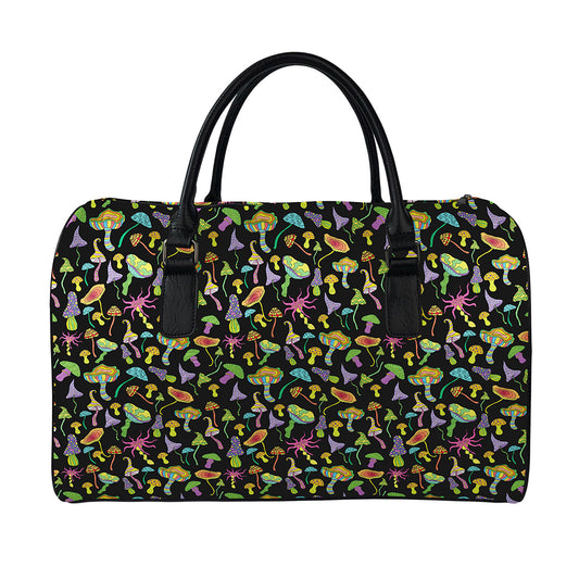 Psychedelic Mushroom Pattern Print Leather Duffle Bag