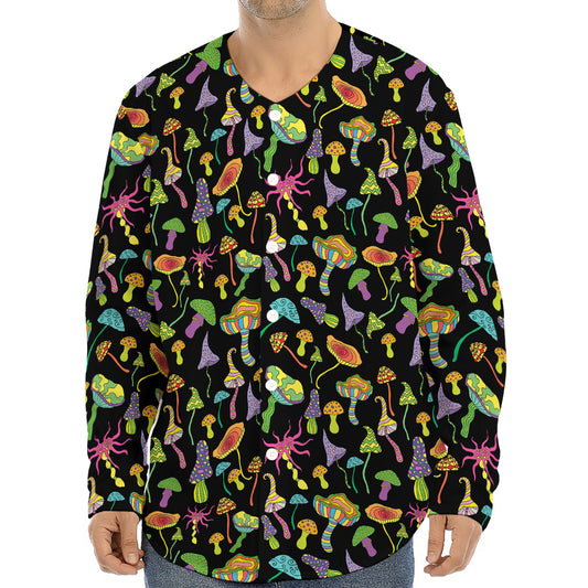 Psychedelic Mushroom Pattern Print Long Sleeve Baseball Jersey