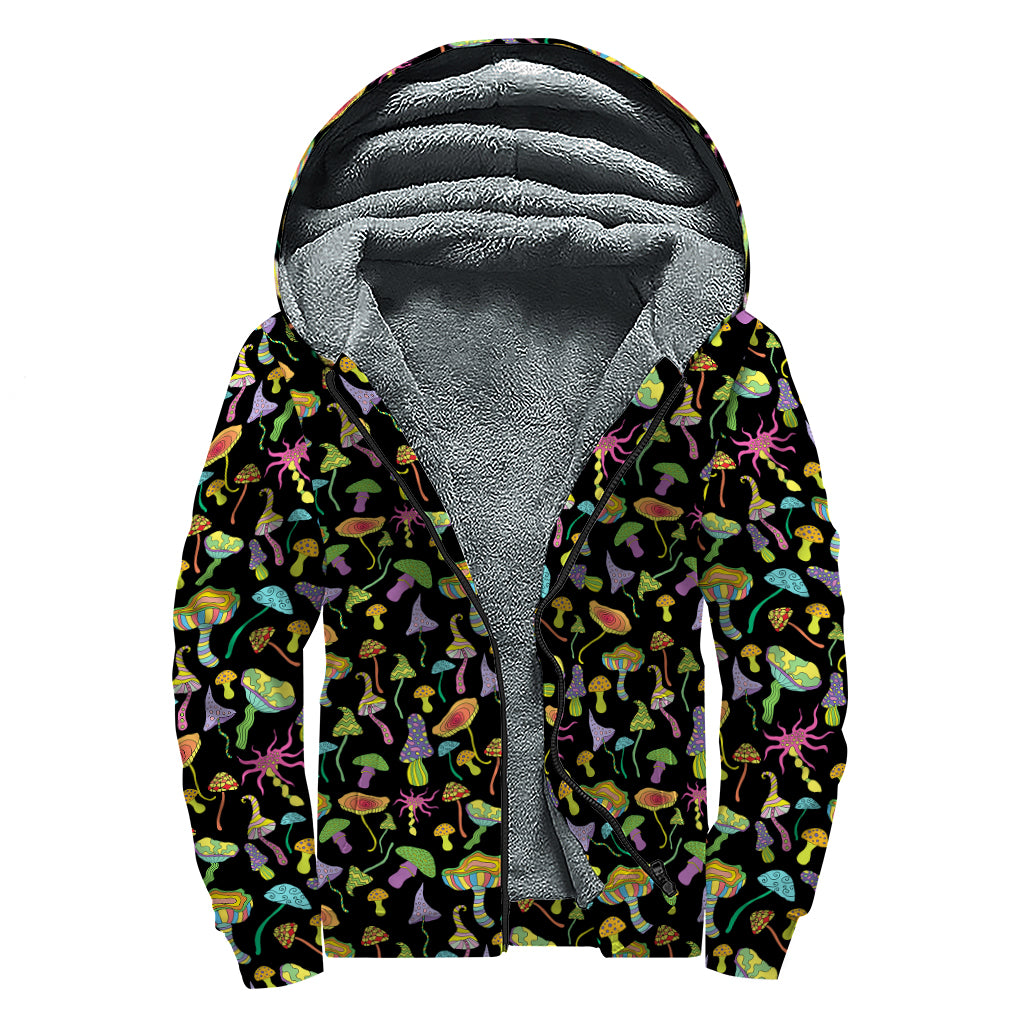 Psychedelic Mushroom Pattern Print Sherpa Lined Zip Up Hoodie