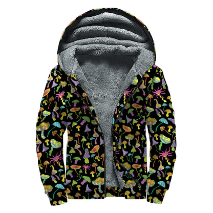 Psychedelic Mushroom Pattern Print Sherpa Lined Zip Up Hoodie