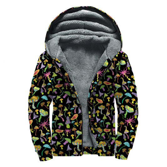 Psychedelic Mushroom Pattern Print Sherpa Lined Zip Up Hoodie