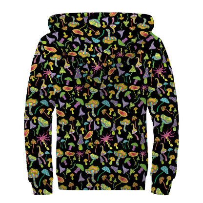 Psychedelic Mushroom Pattern Print Sherpa Lined Zip Up Hoodie