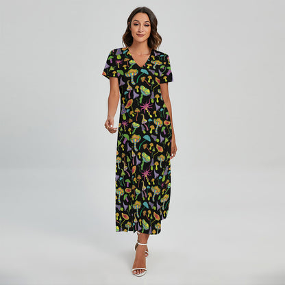 Psychedelic Mushroom Pattern Print Short Sleeve Maxi Dress