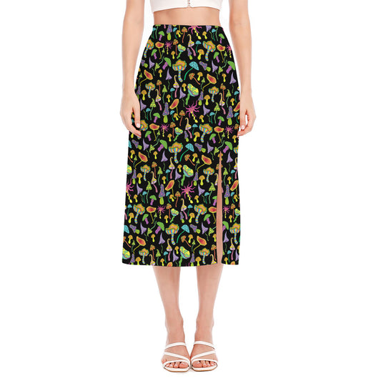 Psychedelic Mushroom Pattern Print Side Slit Midi Skirt