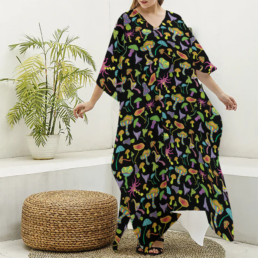 Psychedelic Mushroom Pattern Print Silk V-Neck Kaftan Dress