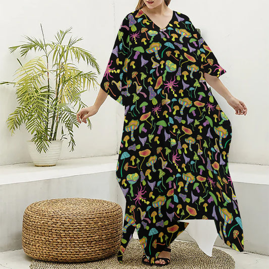 Psychedelic Mushroom Pattern Print Silk V-Neck Kaftan Dress