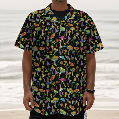 Psychedelic Mushroom Pattern Print Textured Short Sleeve Shirt