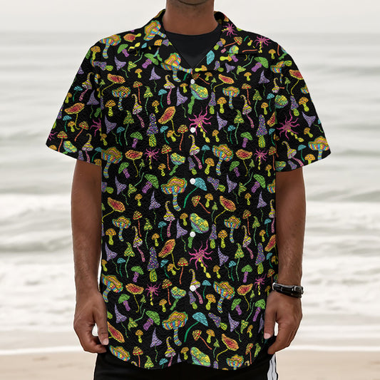Psychedelic Mushroom Pattern Print Textured Short Sleeve Shirt