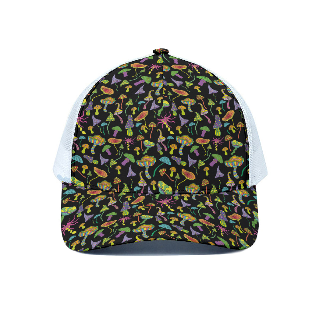 Psychedelic Mushroom Pattern Print White Mesh Trucker Cap