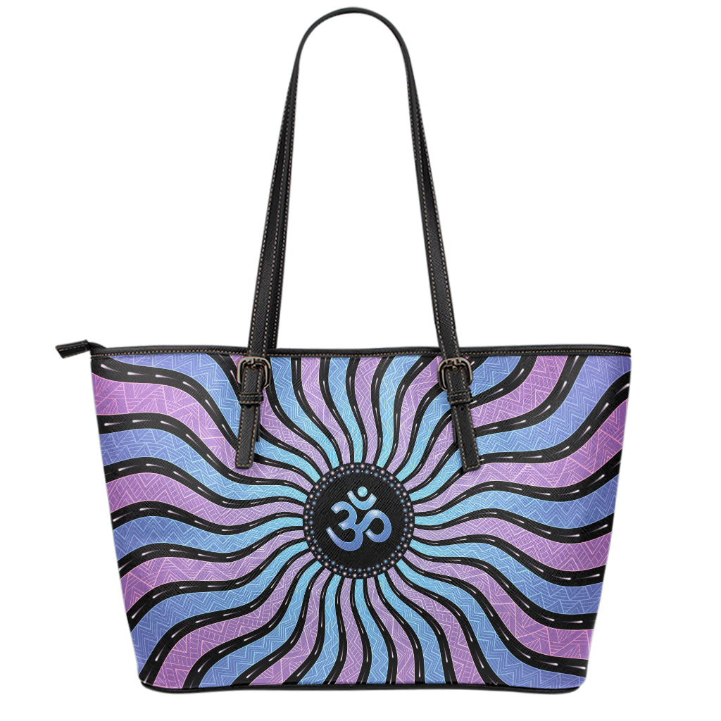 Psychedelic Om Print Leather Tote Bag
