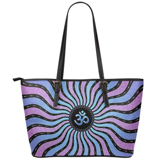 Psychedelic Om Print Leather Tote Bag