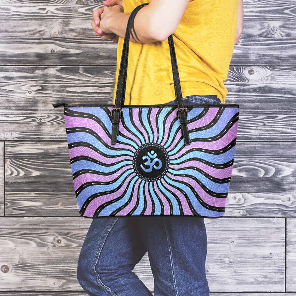 Psychedelic Om Print Leather Tote Bag