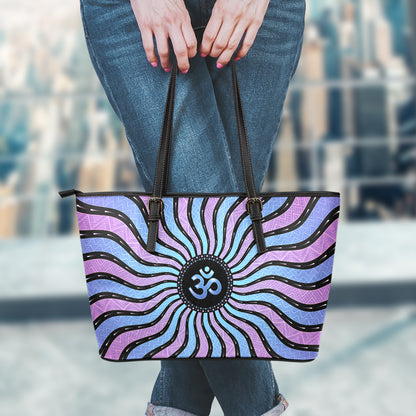 Psychedelic Om Print Leather Tote Bag