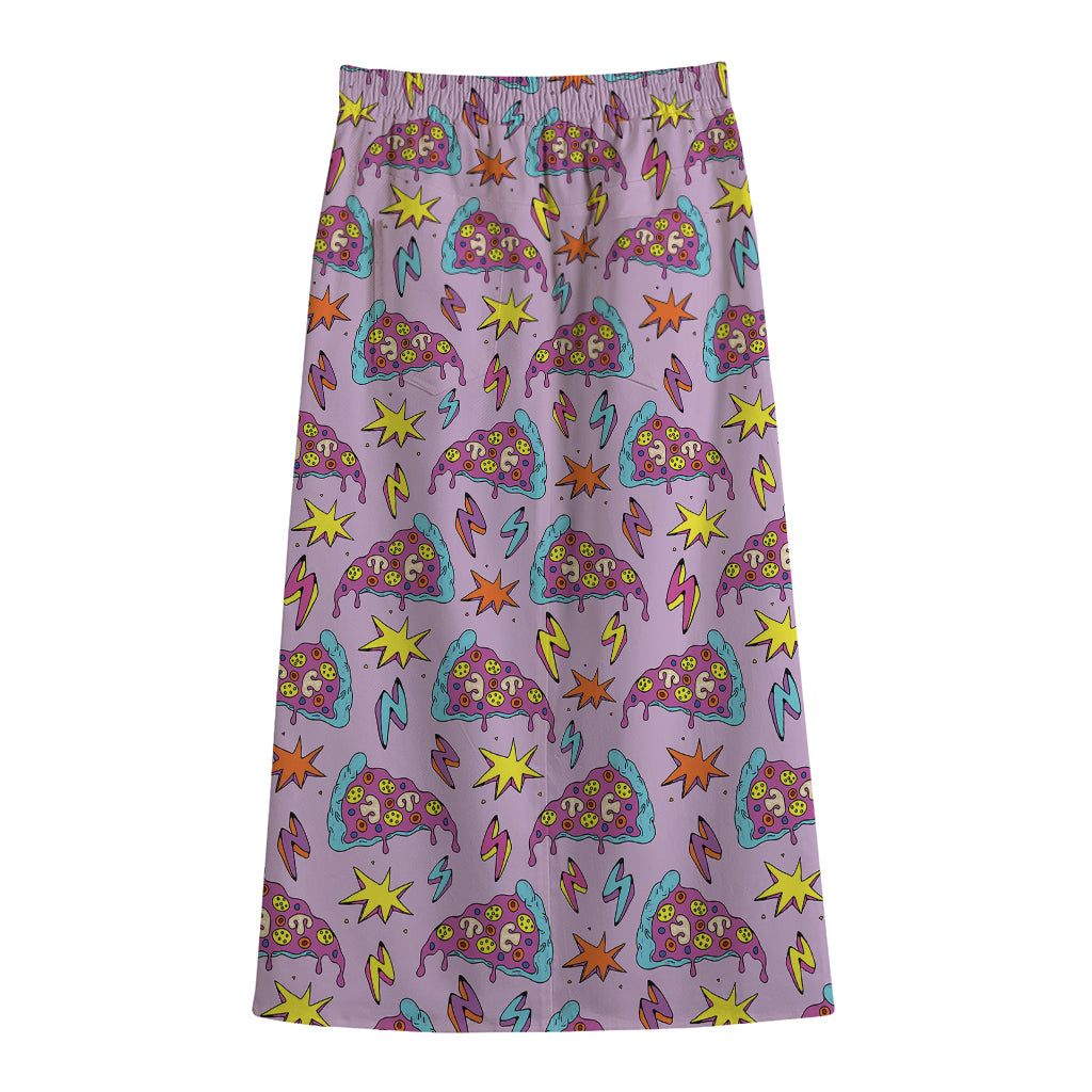 Psychedelic Pizza Pattern Print Cotton Front Slit Maxi Skirt