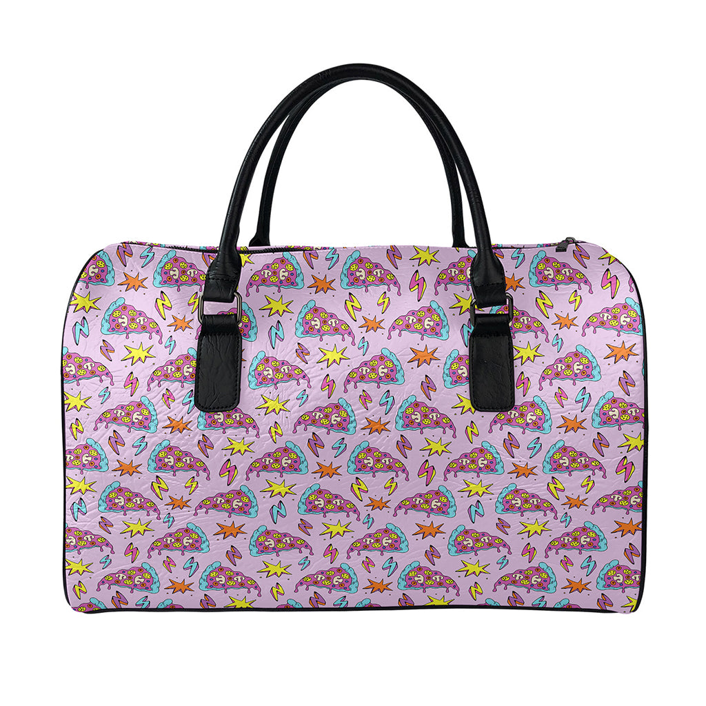 Psychedelic Pizza Pattern Print Leather Duffle Bag
