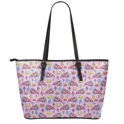 Psychedelic Pizza Pattern Print Leather Tote Bag
