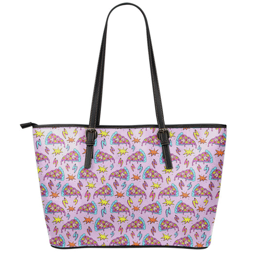 Psychedelic Pizza Pattern Print Leather Tote Bag