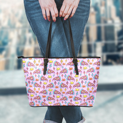 Psychedelic Pizza Pattern Print Leather Tote Bag
