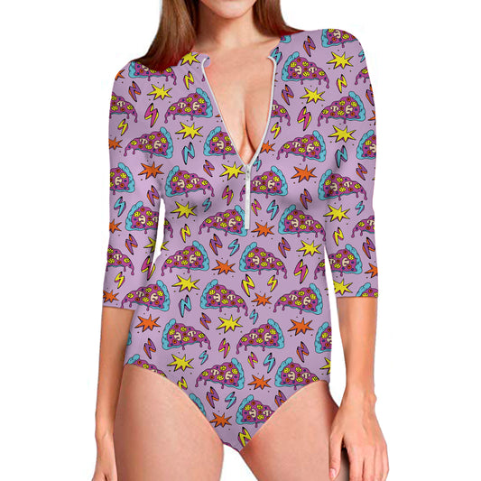 Psychedelic Pizza Pattern Print Long Sleeve Swimsuit