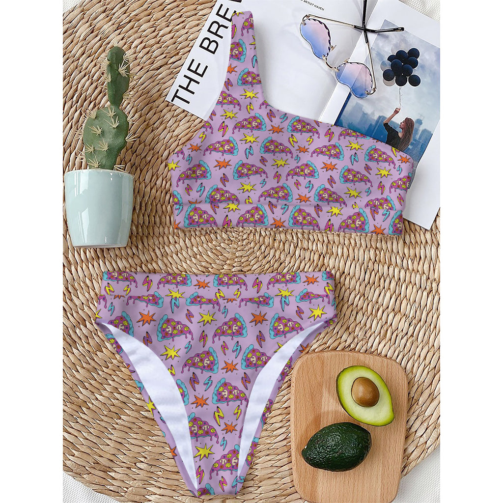 Psychedelic Pizza Pattern Print One Shoulder Bikini Top