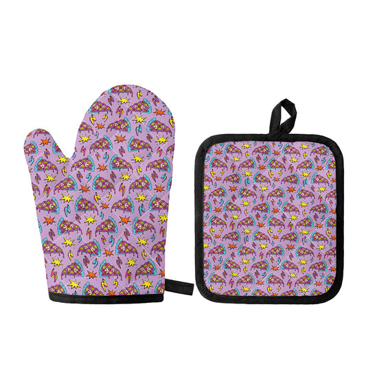 Psychedelic Pizza Pattern Print Oven Mitt And Pot Holder Set