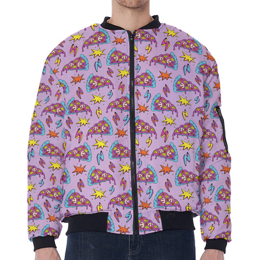 Psychedelic Pizza Pattern Print Zip Sleeve Bomber Jacket