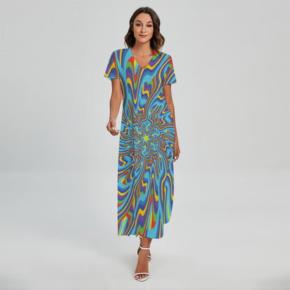 Psychedelic Print Short Sleeve Maxi Dress