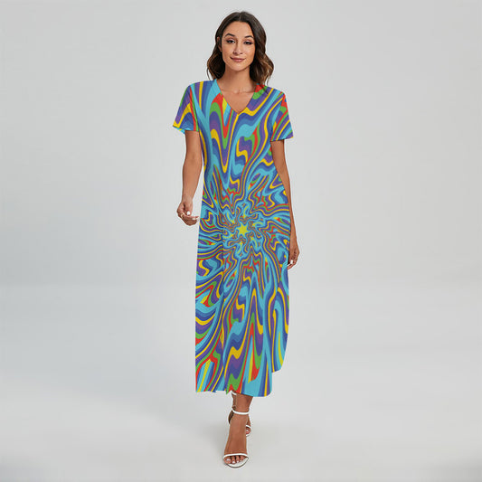 Psychedelic Print Short Sleeve Maxi Dress