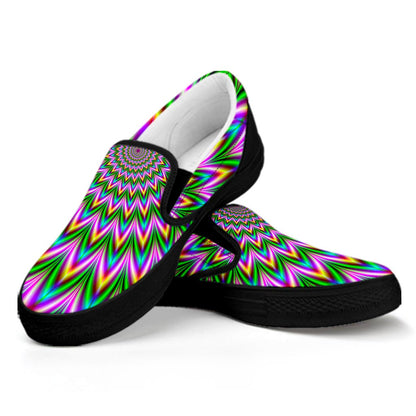 Psychedelic Radiant Optical Illusion Black Slip On Sneakers