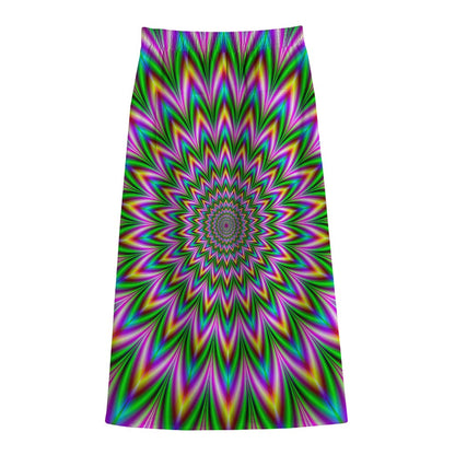 Psychedelic Radiant Optical Illusion Cotton Front Slit Maxi Skirt