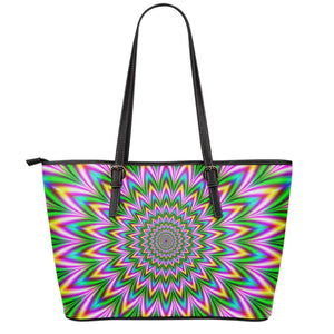 Psychedelic Radiant Optical Illusion Leather Tote Bag