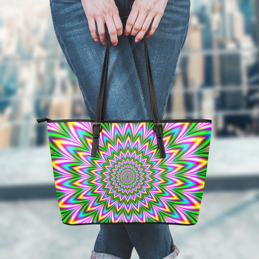 Psychedelic Radiant Optical Illusion Leather Tote Bag
