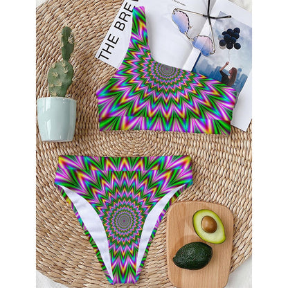 Psychedelic Radiant Optical Illusion One Shoulder Bikini Top