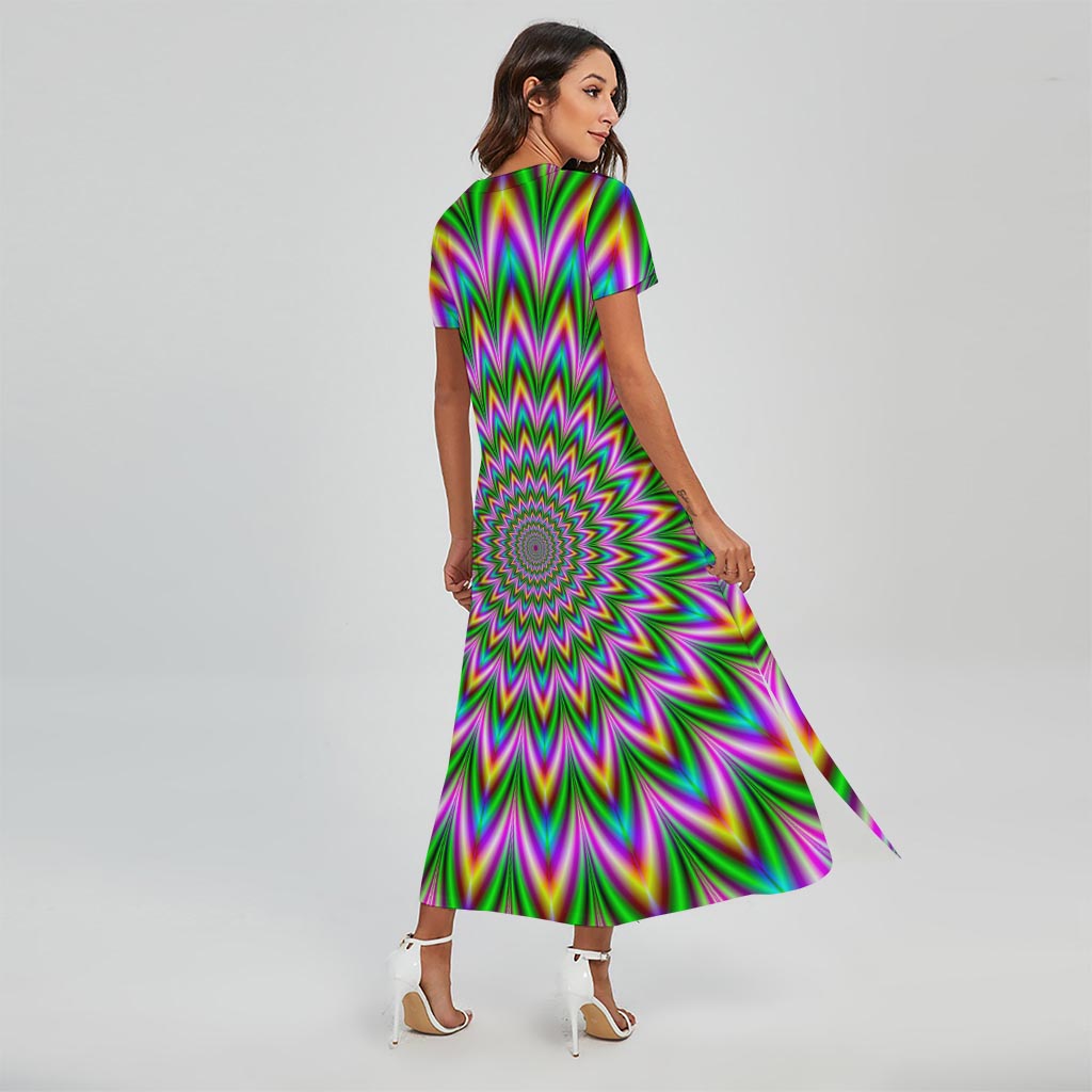 Psychedelic Radiant Optical Illusion Short Sleeve Maxi Dress