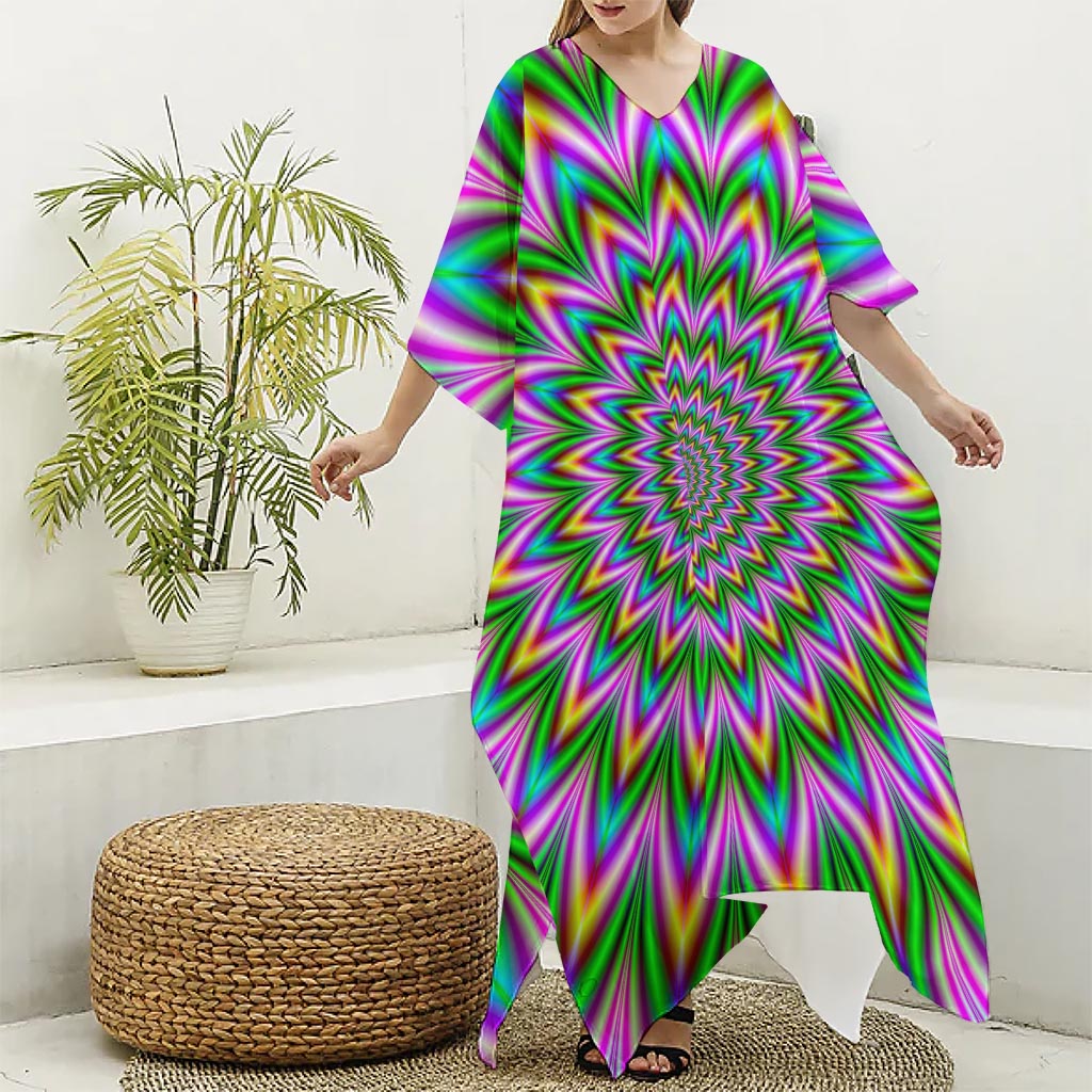 Psychedelic Radiant Optical Illusion Silk V-Neck Kaftan Dress