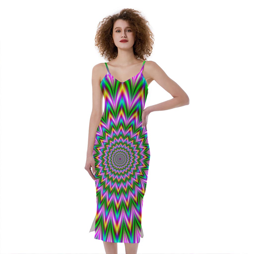 Psychedelic Radiant Optical Illusion Slim Fit Midi Cami Dress