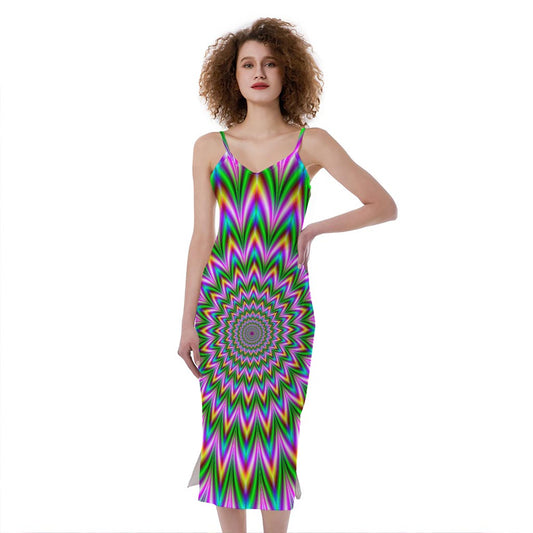 Psychedelic Radiant Optical Illusion Slim Fit Midi Cami Dress