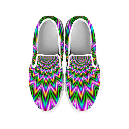Psychedelic Radiant Optical Illusion White Slip On Sneakers
