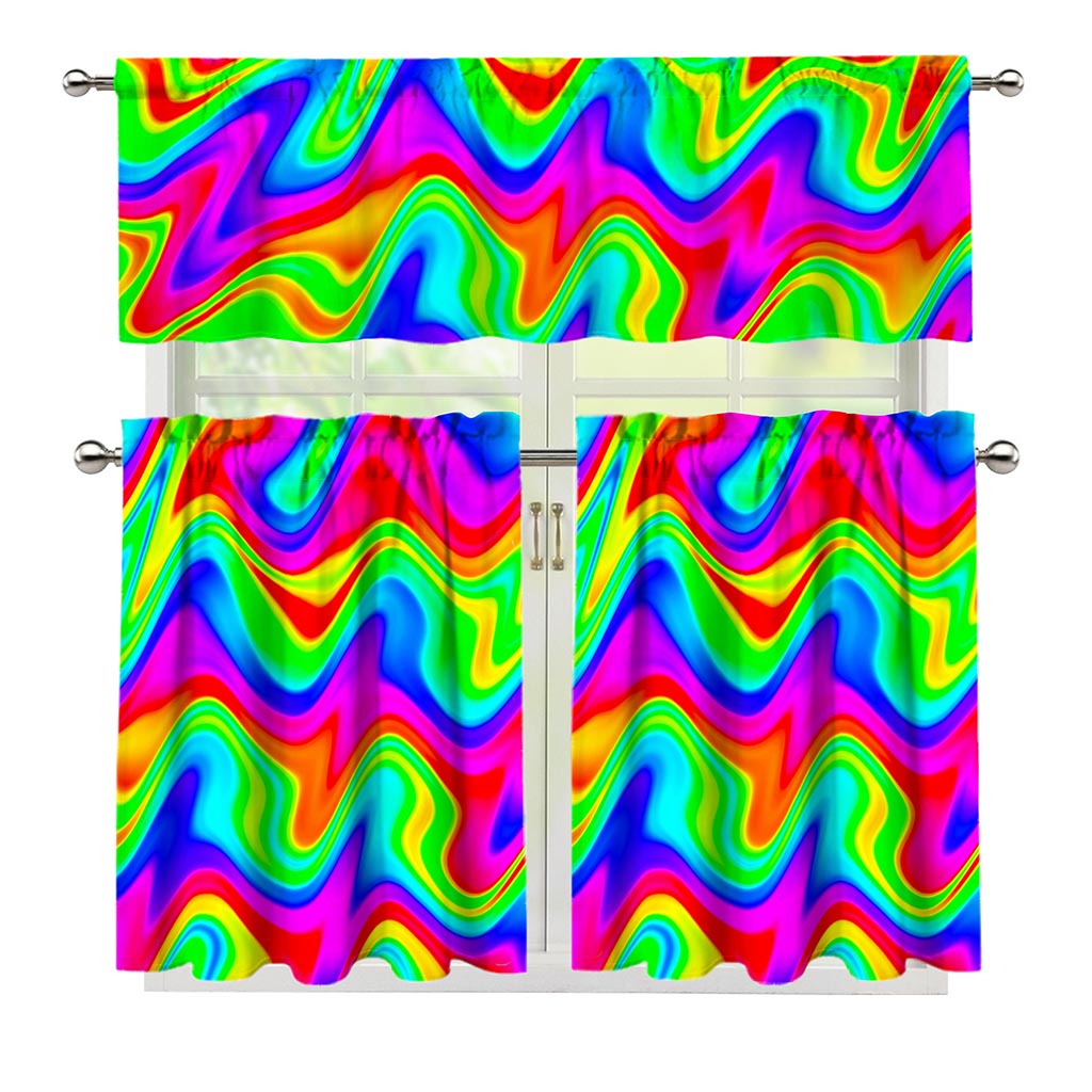 Psychedelic Rainbow Trippy Print 3 Piece Kitchen Curtains
