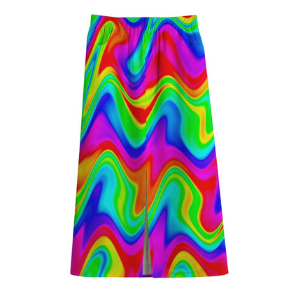 Psychedelic Rainbow Trippy Print Cotton Front Slit Maxi Skirt