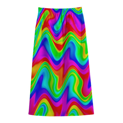 Psychedelic Rainbow Trippy Print Cotton Front Slit Maxi Skirt