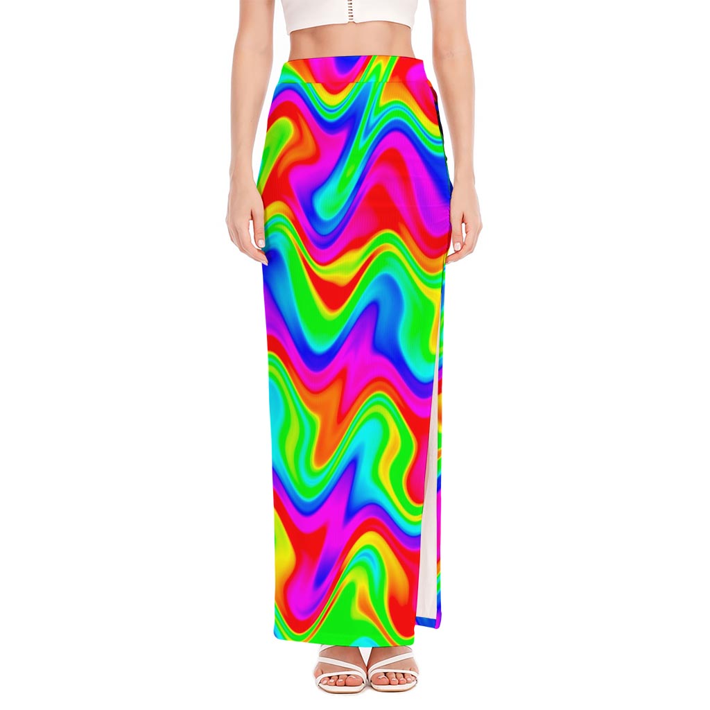 Psychedelic Rainbow Trippy Print High Slit Maxi Skirt