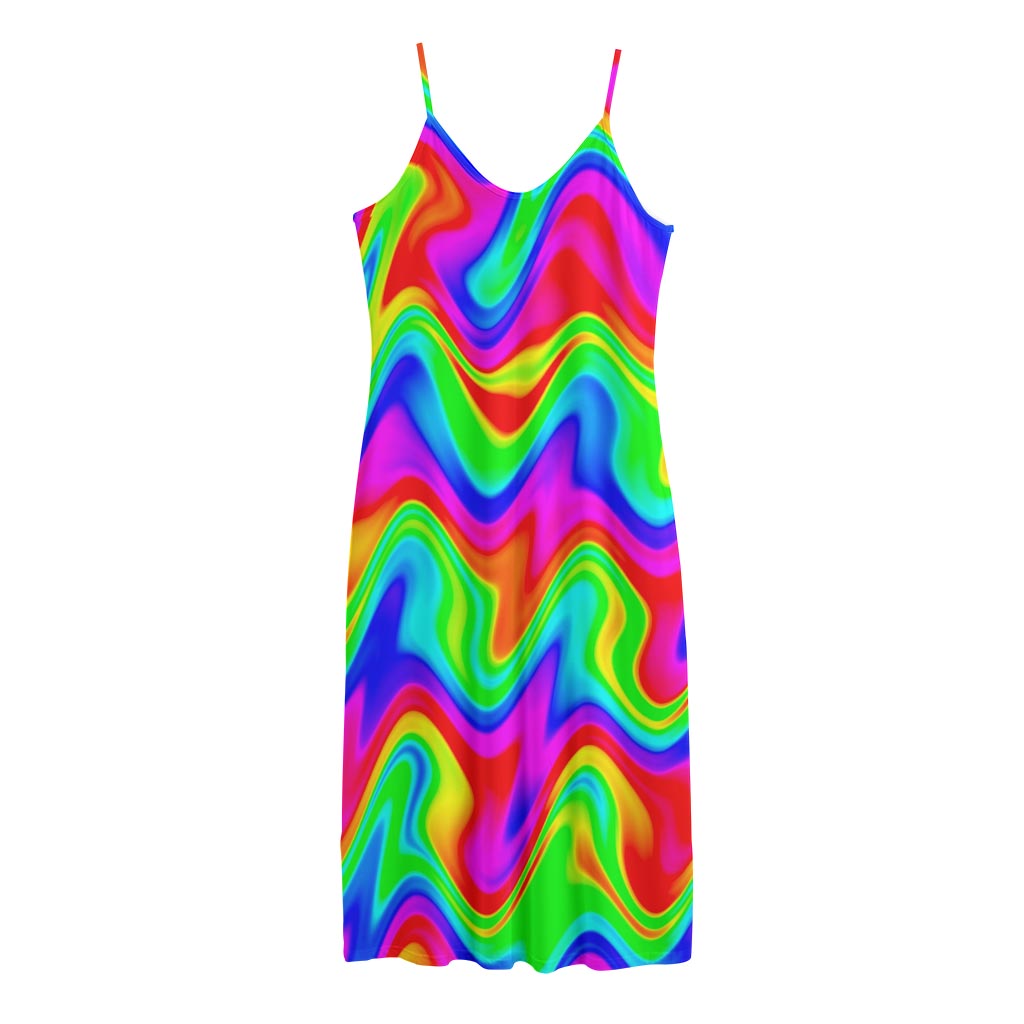 Psychedelic Rainbow Trippy Print Jersey Midi Cami Dress