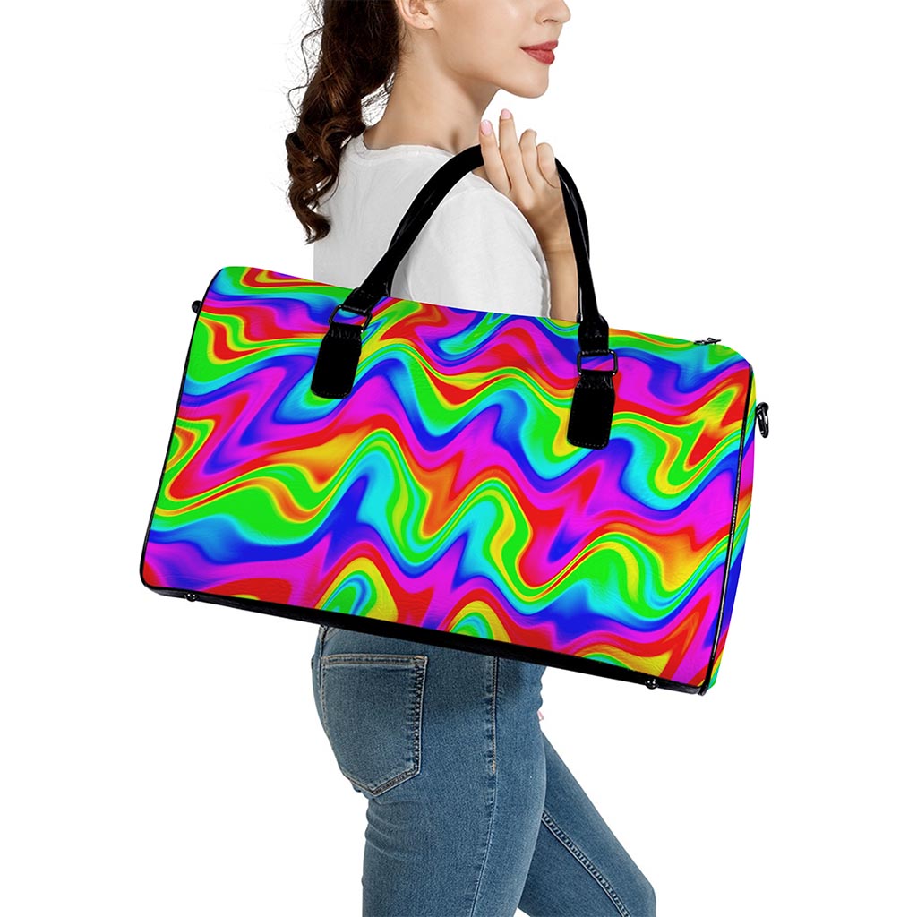 Psychedelic Rainbow Trippy Print Leather Duffle Bag