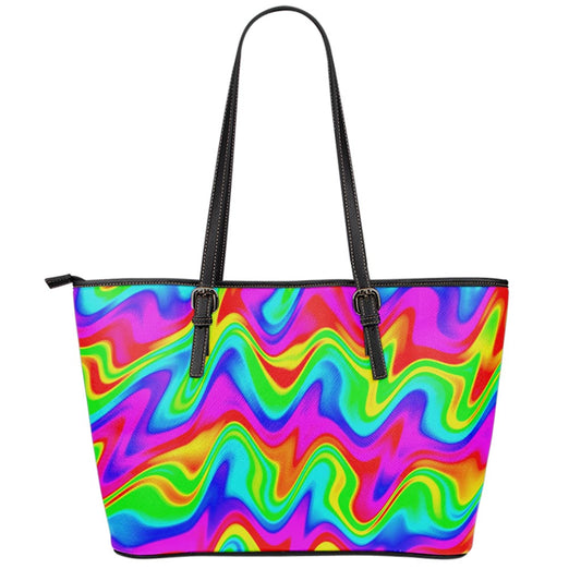 Psychedelic Rainbow Trippy Print Leather Tote Bag